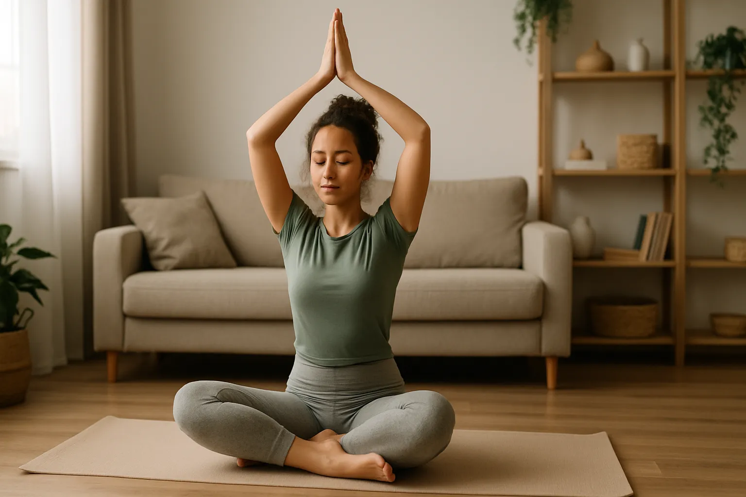 Mulher praticando yoga matinal na sala de estar para equilíbrio hormonal na SOP