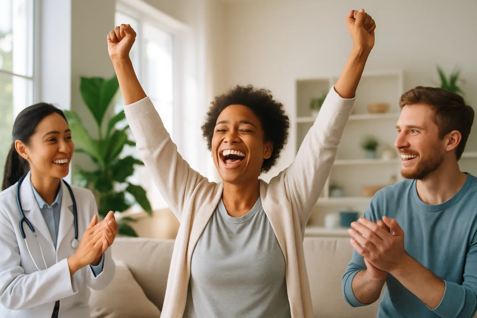 Pessoa radiante celebrando recuperação após tratamento genético inovador, demonstrando esperança e transformação na medicina regenerativa