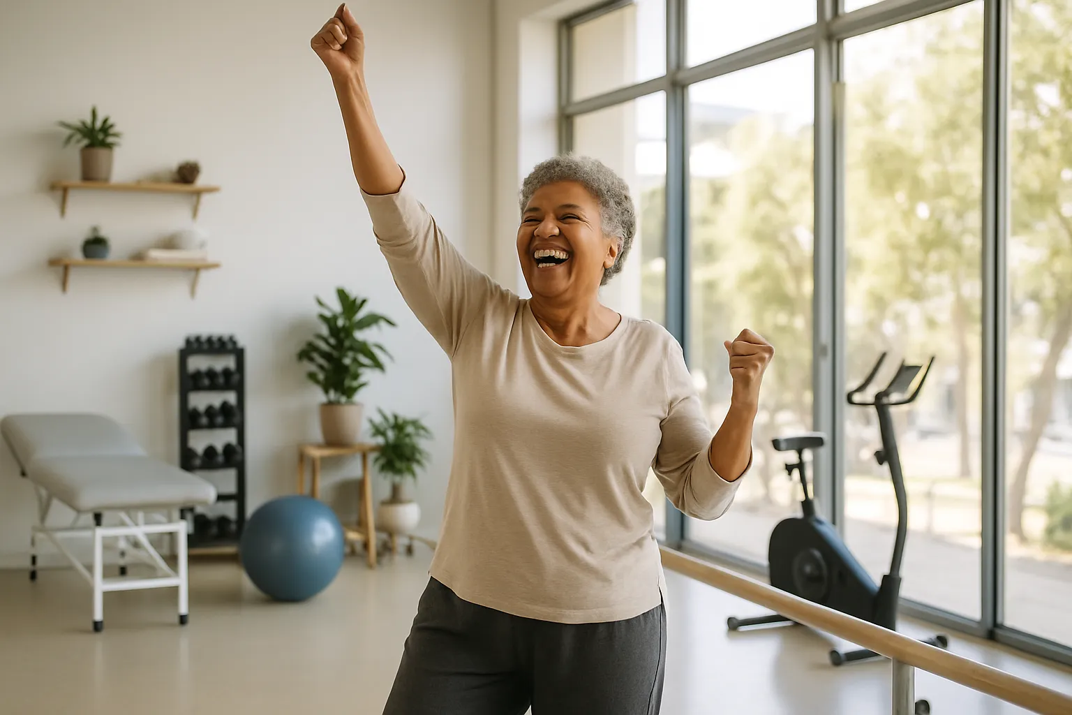 Pessoa madura sorrindo e movimentando braço recuperado após tratamento de regeneração óssea, demonstrando mobilidade restaurada