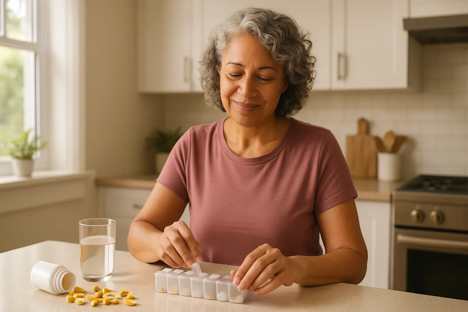 Mulher madura sorrindo enquanto prepara vitaminas em cozinha moderna, demonstrando confiança e bem-estar com suplementação consciente