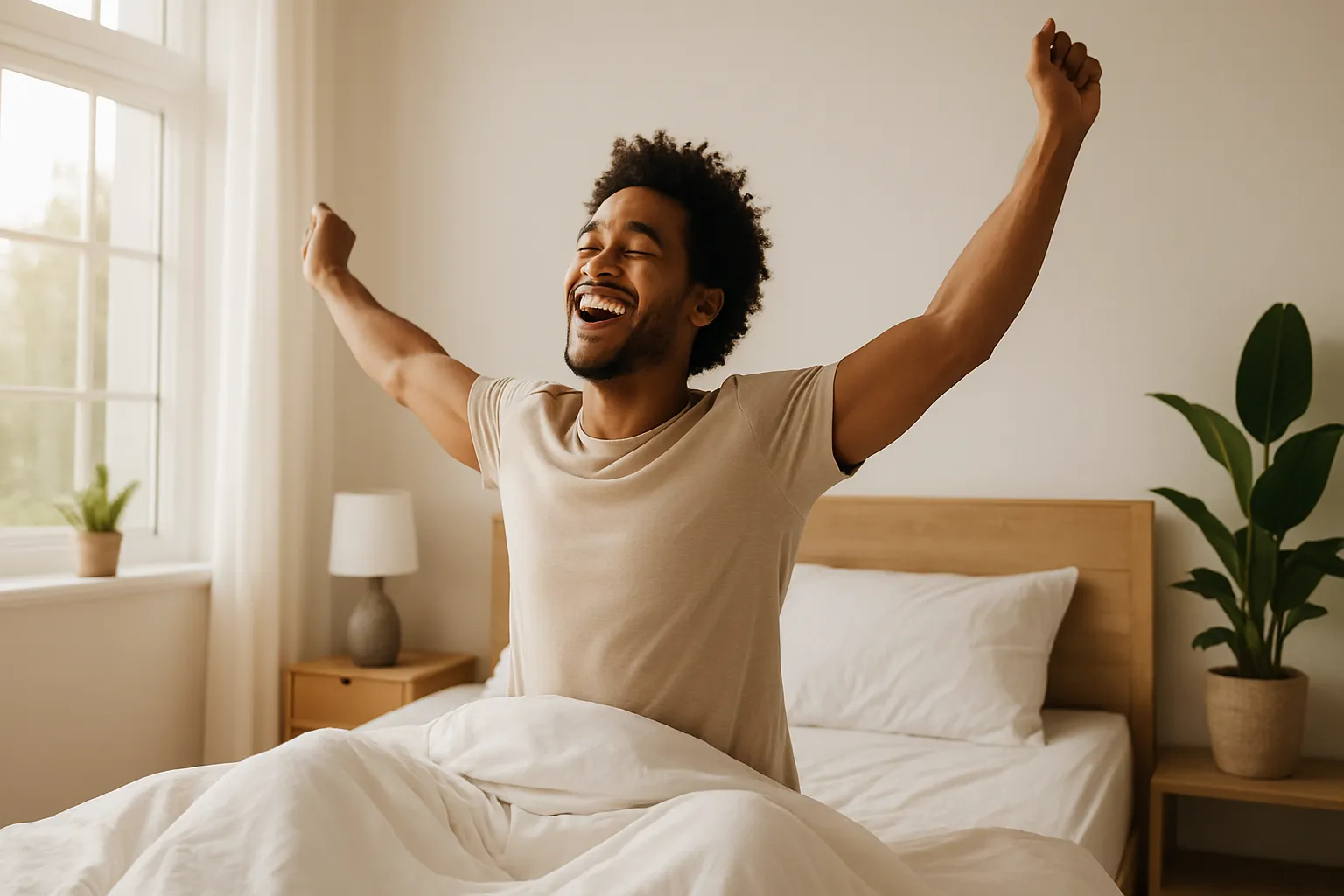 Pessoa energizada pela manhã esticando os braços ao acordar, demonstrando sincronia com seu relógio biológico natural