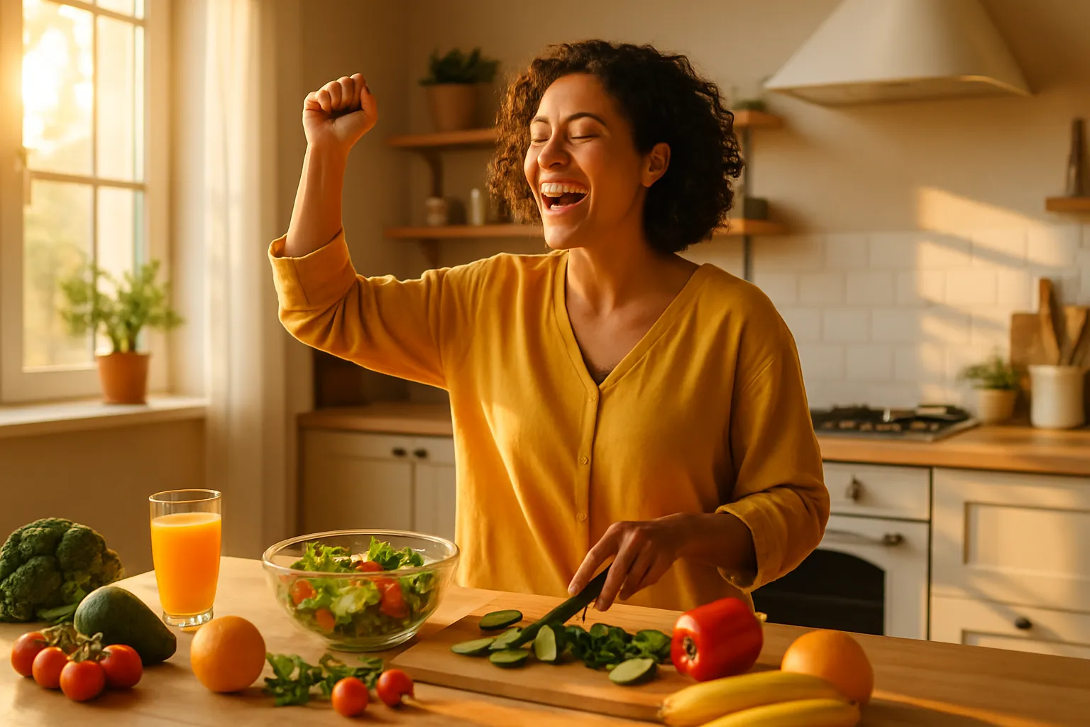 Pessoa radiante e energética celebrando vitalidade renovada após mudanças na alimentação, demonstrando disposição natural e bem-estar