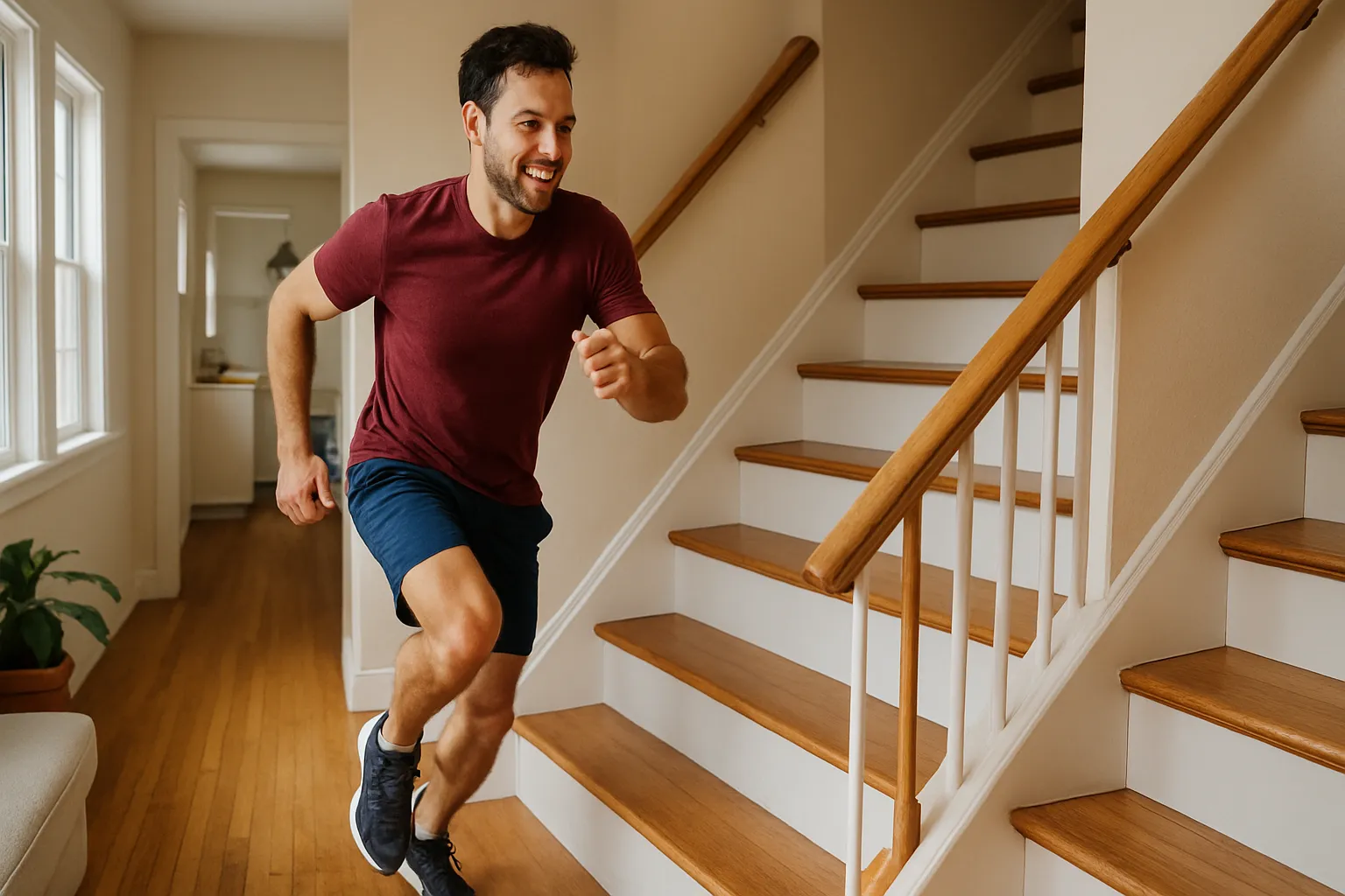 Pessoa subindo escadas energeticamente em casa ao invés de usar elevador, demonstrando atividade NEAT