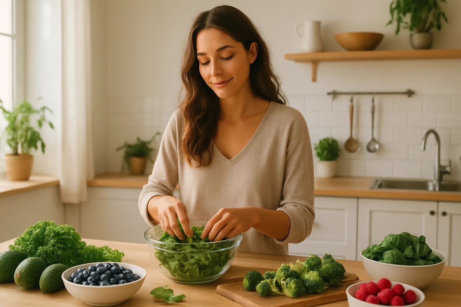 Mulher jovem sorrindo genuinamente enquanto prepara uma refeição saudável com vegetais verdes e frutas, transmitindo calma e bem-estar em cozinha iluminada naturalmente