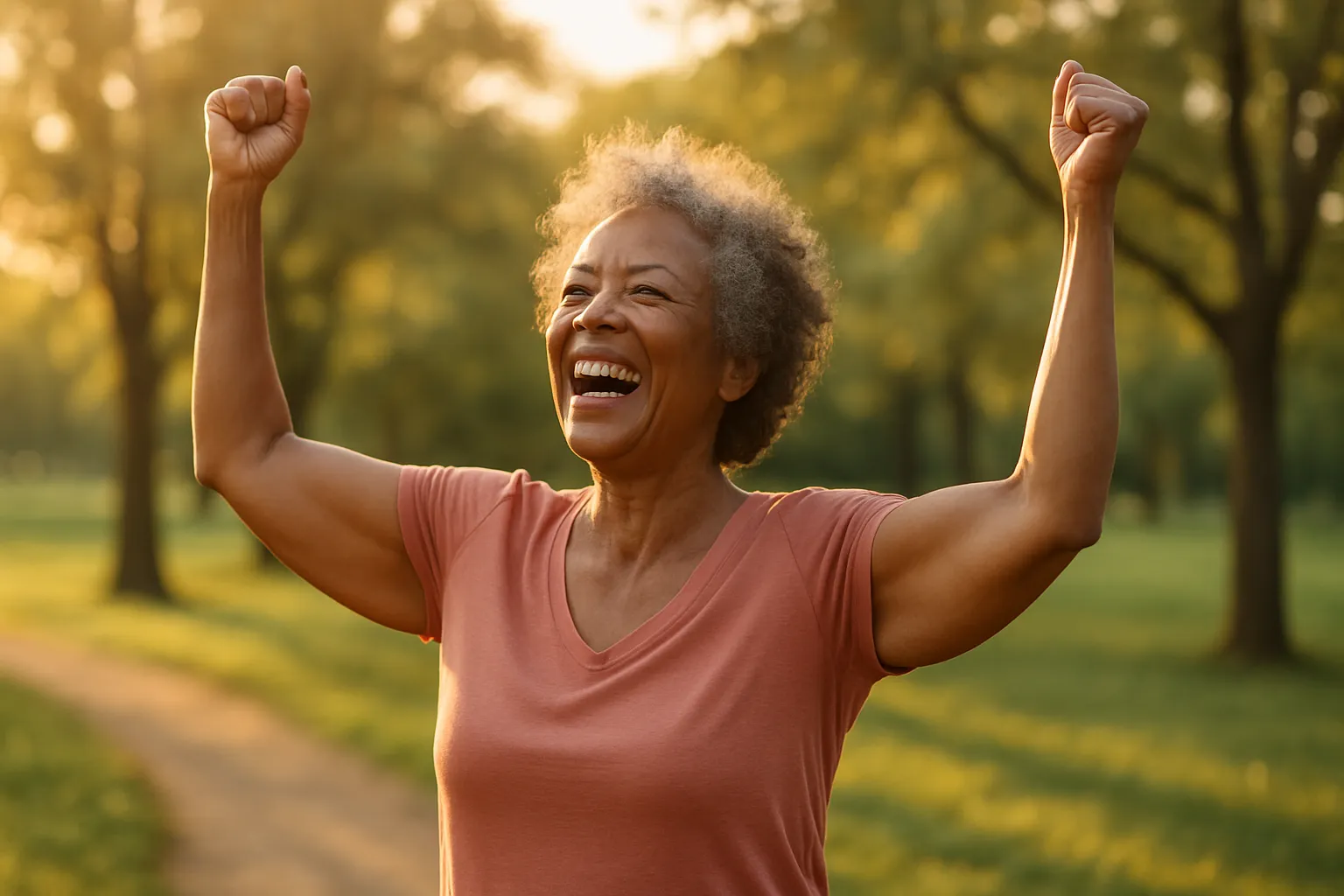 Pessoa madura radiante celebrando saúde e vitalidade em ambiente ensolarado, representando os benefícios da vitamina D para longevidade