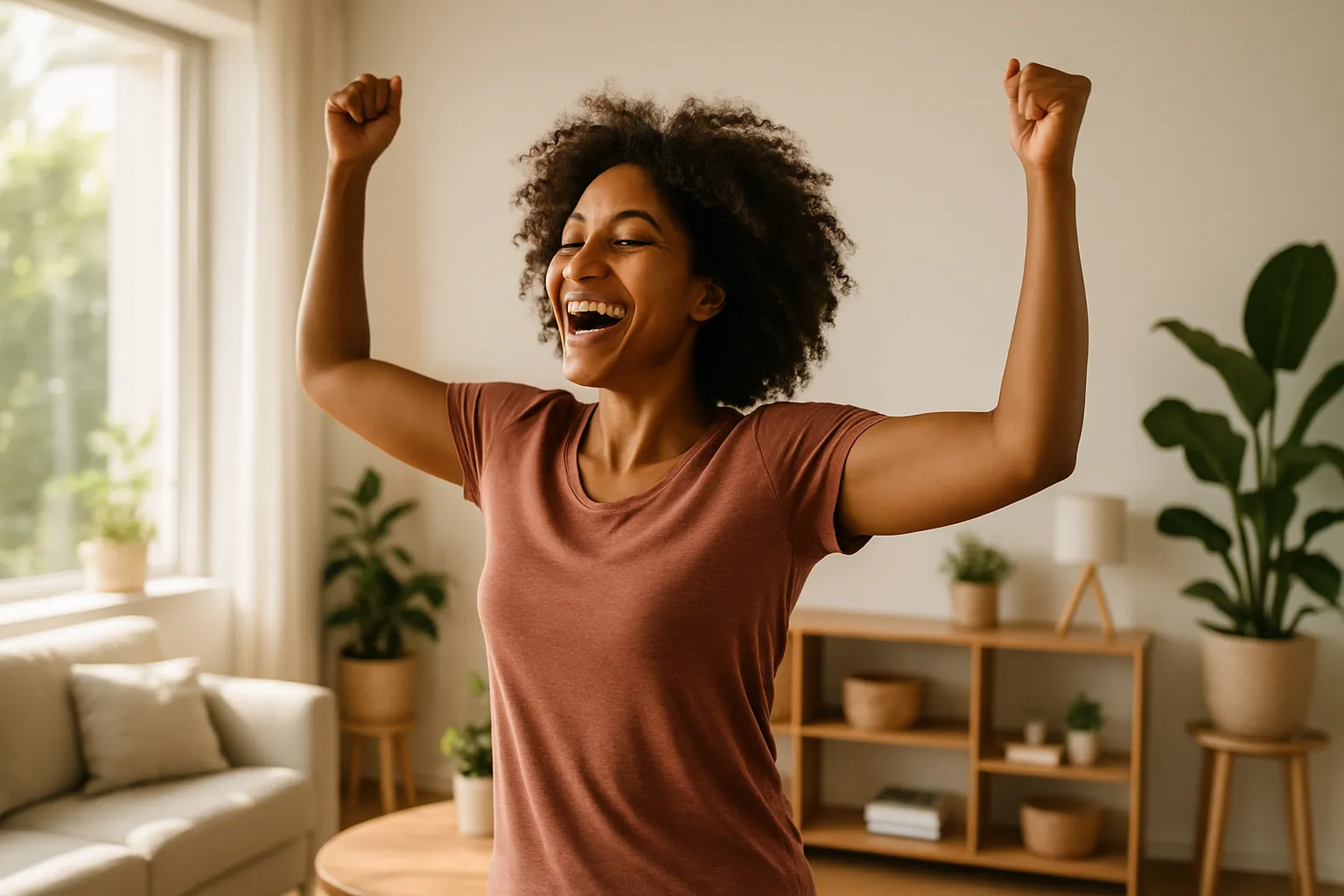 Pessoa celebrando recuperação da energia após tratamento hormonal pós-Covid, demonstrando vitalidade renovada