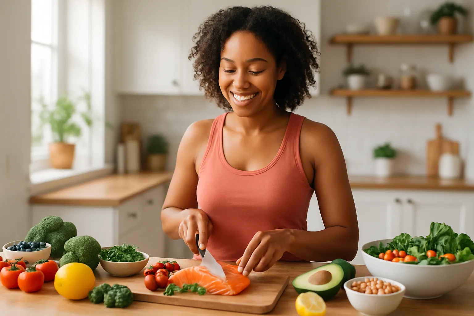 Mulher radiante preparando refeição colorida e saudável, demonstrando vitalidade e bem-estar após adotar dieta anti-inflamatória