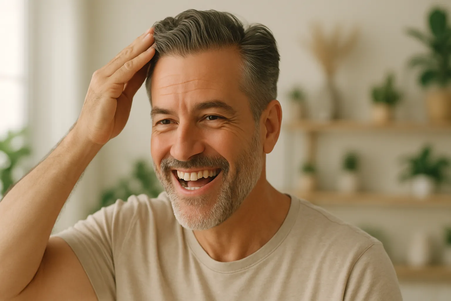 Homem de meia-idade sorrindo confiante tocando seus cabelos renovados, demonstrando os resultados de um tratamento científico para queda de cabelo
