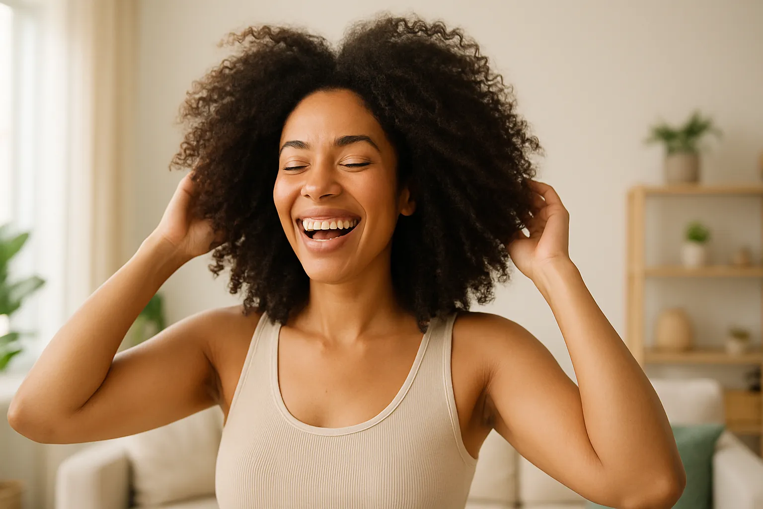 Mulher sorrindo tocando seus cabelos volumosos e brilhantes em ambiente natural, representando a transformação capilar com biotina