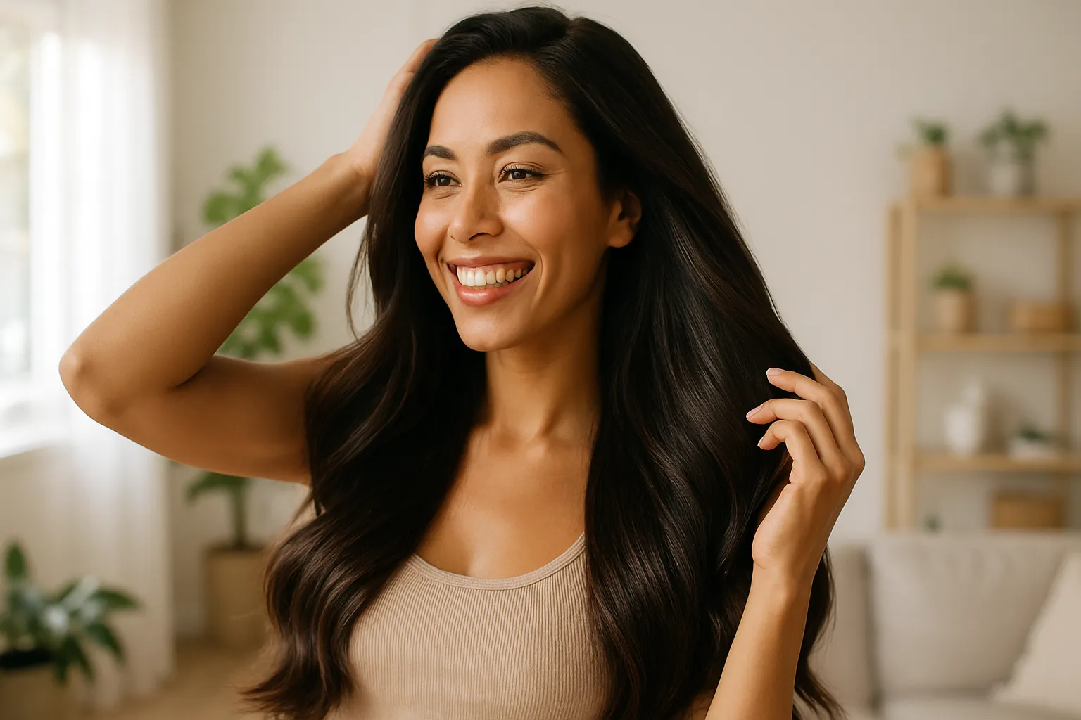 Mulher sorrindo tocando seus cabelos brilhantes e saudáveis em ambiente natural iluminado