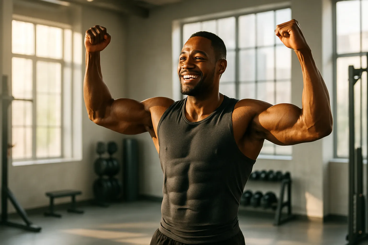 Pessoa confiante celebrando resultados de emagrecimento com carb cycling, mostrando transformação corporal saudável