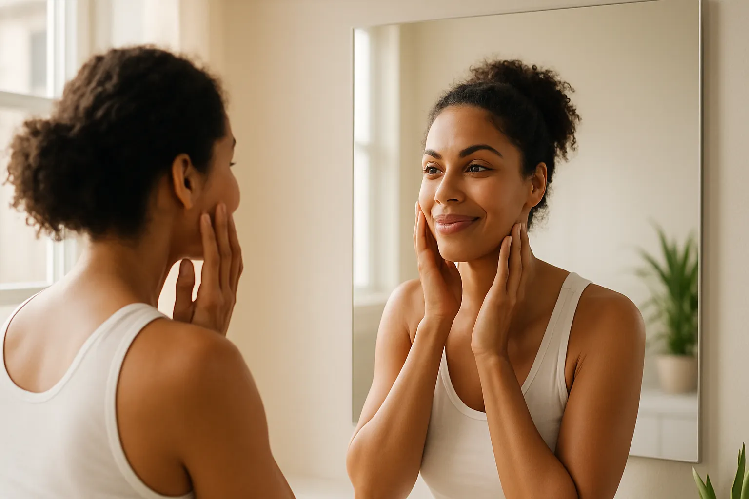 Mulher confiante admirando sua pele radiante no espelho, representando a transformação proporcionada pelos peptídeos clareadores