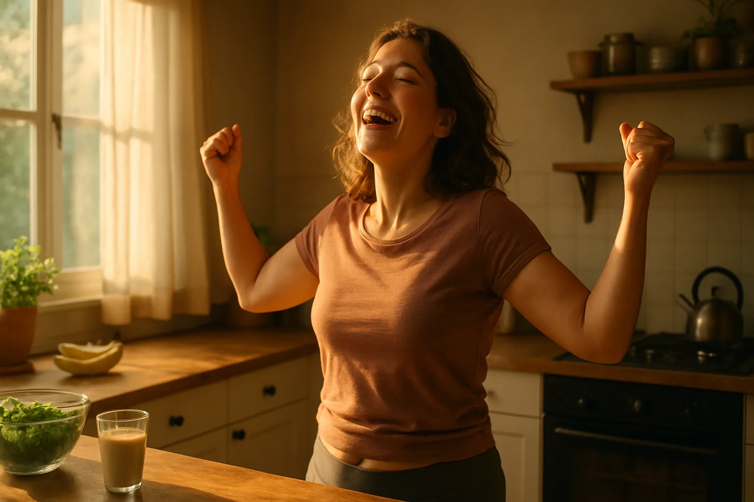 Pessoa em momento de alívio e bem-estar após controlar níveis de estresse, demonstrando transformação pessoal genuína