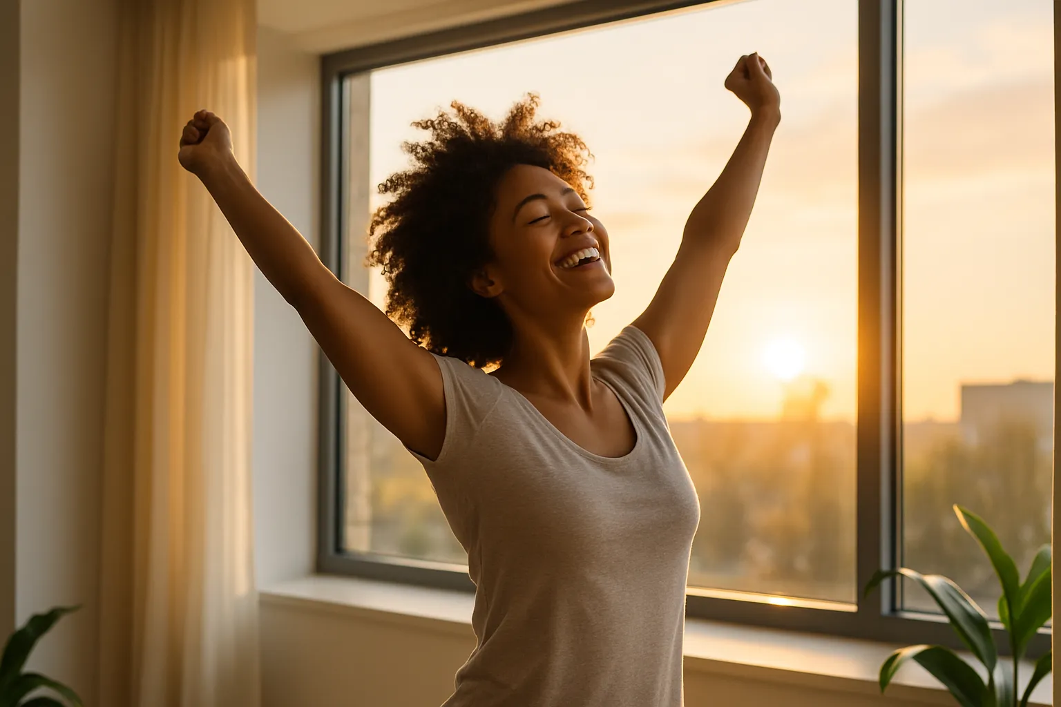 Pessoa radiante acordando naturalmente energizada pela manhã, demonstrando vitalidade e bem-estar após regulação do cortisol