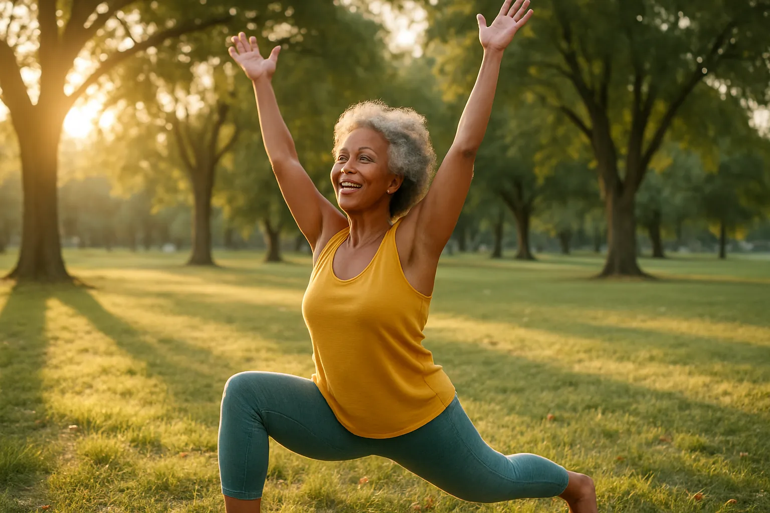 Mulher madura radiante praticando yoga matinal ao ar livre, demonstrando vitalidade e energia renovada após otimização nutricional