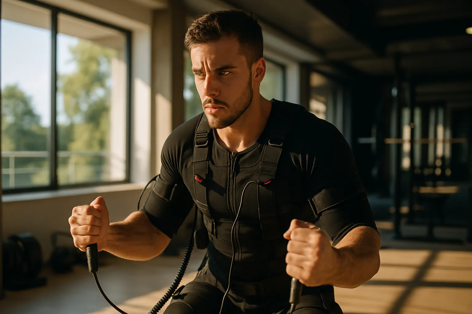 Atleta focado durante sessão de treinamento EMS, mostrando determinação e concentração em ambiente de alta performance