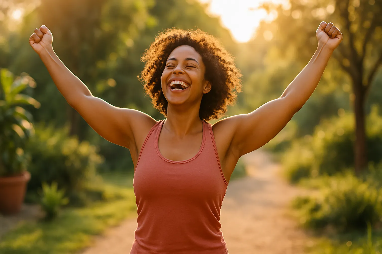 Mulher radiante celebrando sua transformação de saúde em ambiente natural, demonstrando vitalidade e energia renovada após protocolo antiinflamatório
