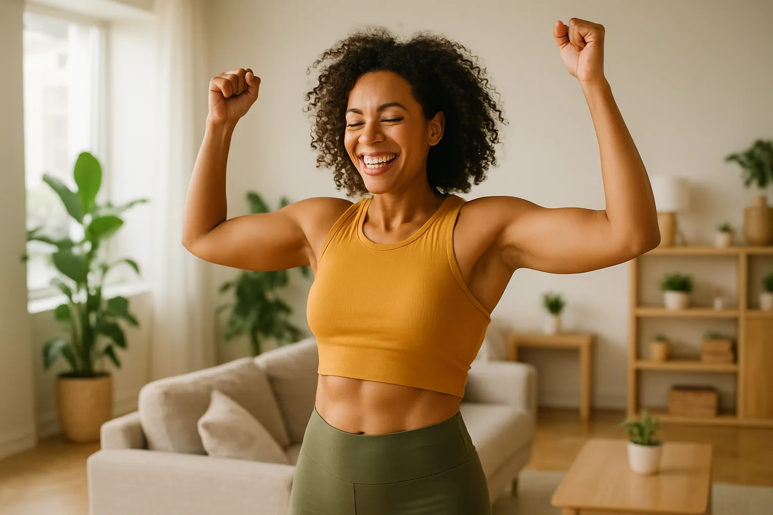 Mulher confiante celebrando conquista de emagrecimento saudável em ambiente moderno e luminoso