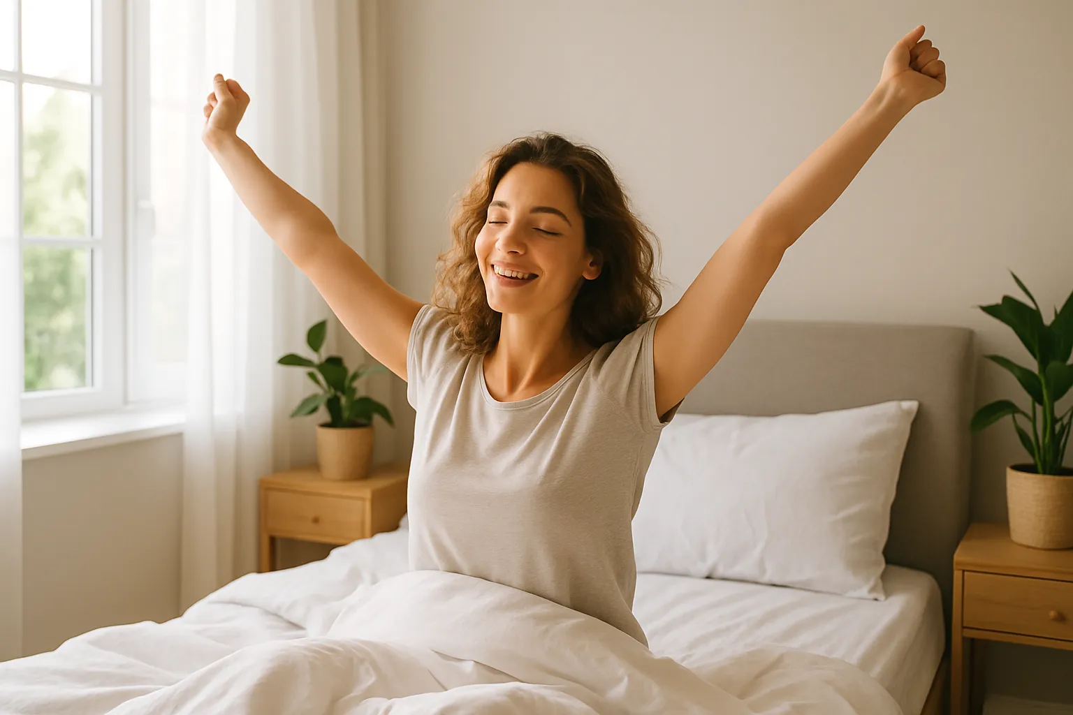 Pessoa acordando revigorada pela manhã após noite de jejum, demonstrando energia e bem-estar natural