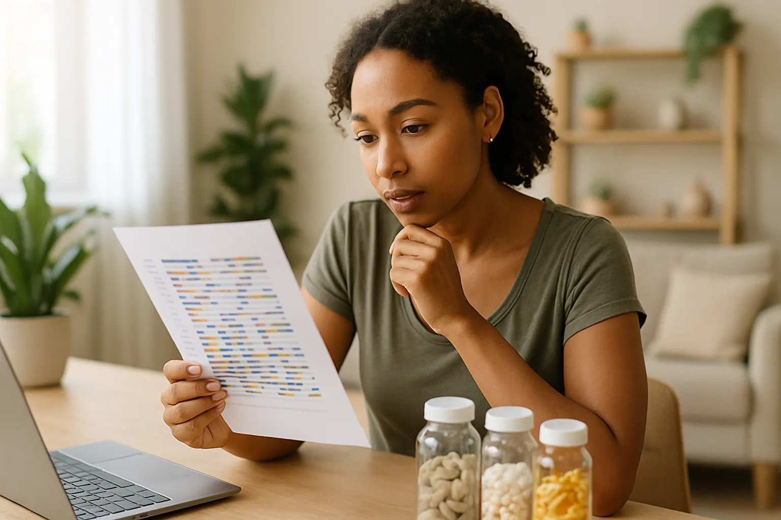 Pessoa confiante examinando resultados de teste genético com expressão de descoberta e otimismo sobre sua saúde personalizada
