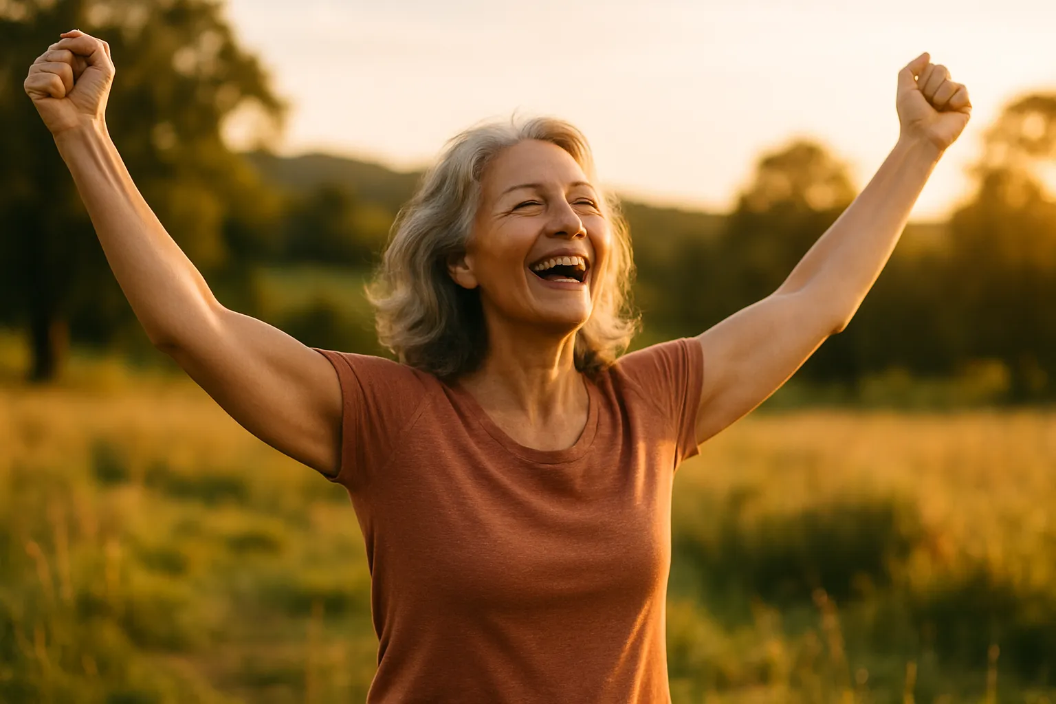Pessoa madura radiante celebrando energia renovada em ambiente natural, representando os benefícios da medicina regenerativa