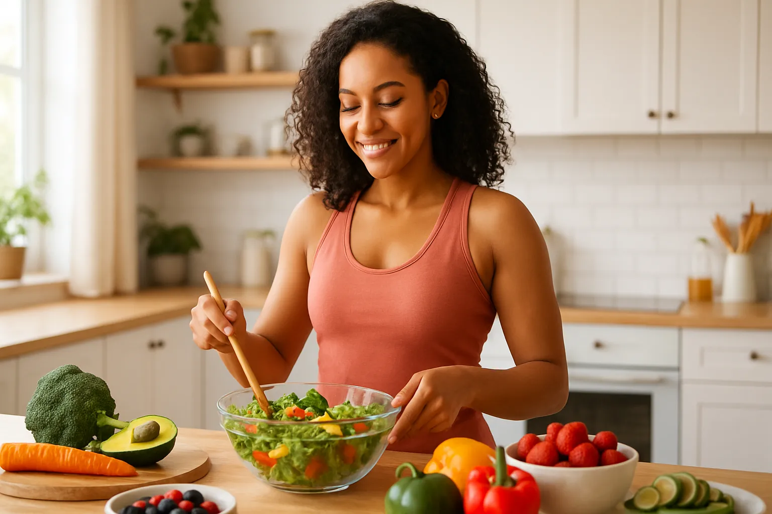 Pessoa radiante preparando refeição saudável rica em prebióticos, demonstrando energia e vitalidade após otimizar sua microbiota intestinal