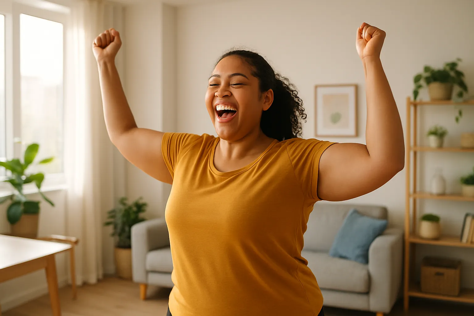Pessoa confiante celebrando conquista de saúde e bem-estar após tratamento com tirzepatida, demonstrando alegria genuína e transformação pessoal