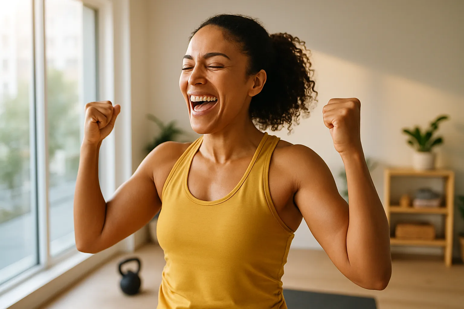 Pessoa celebrando conquista fitness em ambiente moderno, demonstrando energia e confiança após treinamento funcional