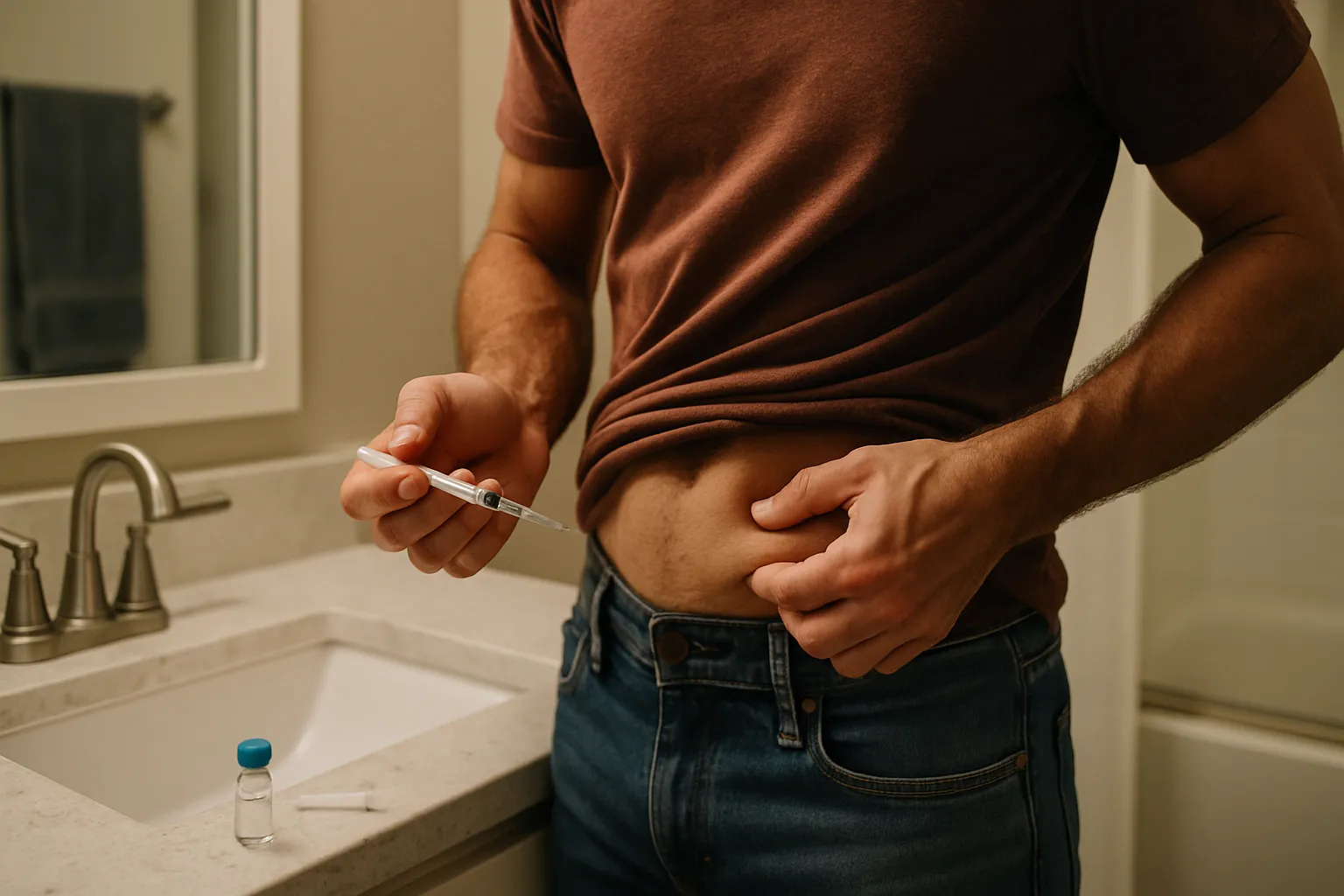 Pessoa preparando aplicação subcutânea de Melanotan II em ambiente doméstico seguro