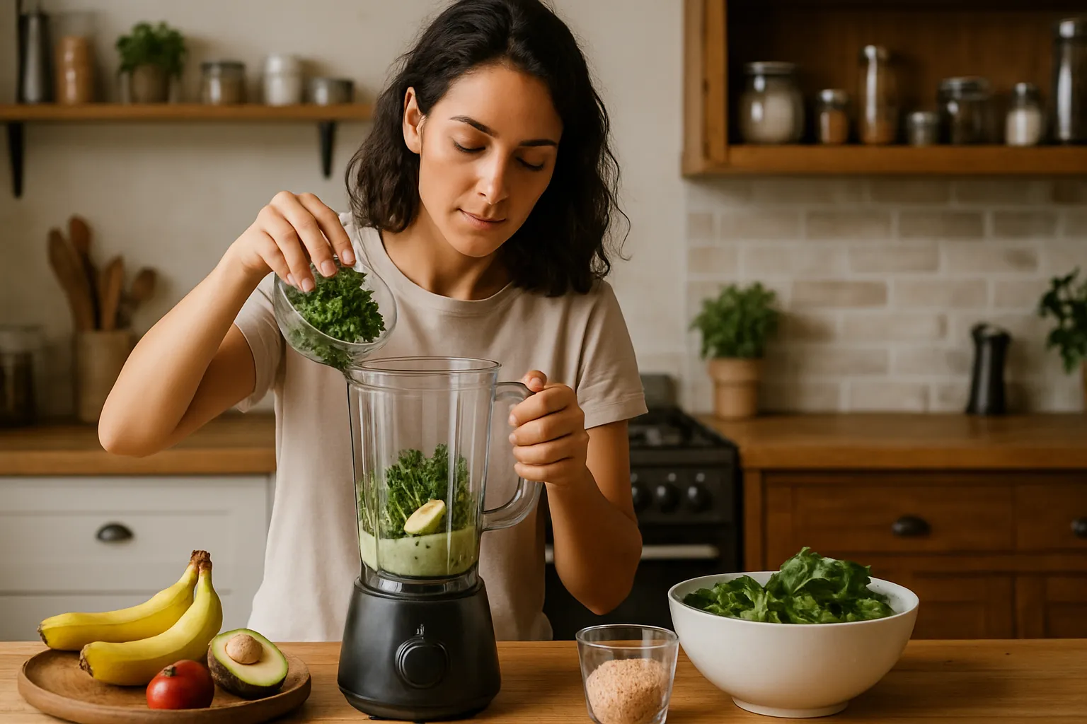 Pessoa preparando smoothie nutritivo em cozinha doméstica para ativar metabolismo energético