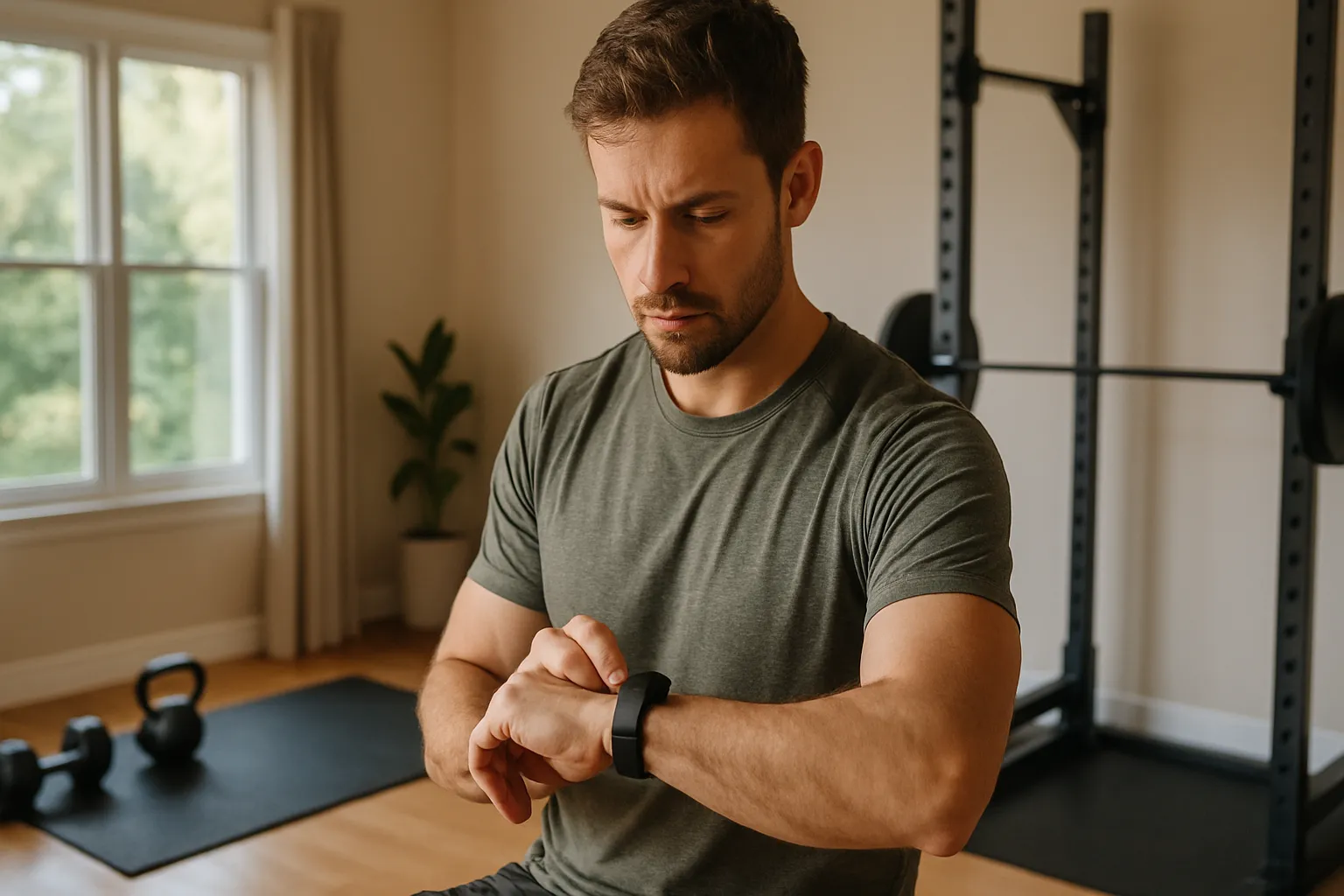 Pessoa verificando dispositivo de monitoramento cardíaco antes do treino matinal em casa