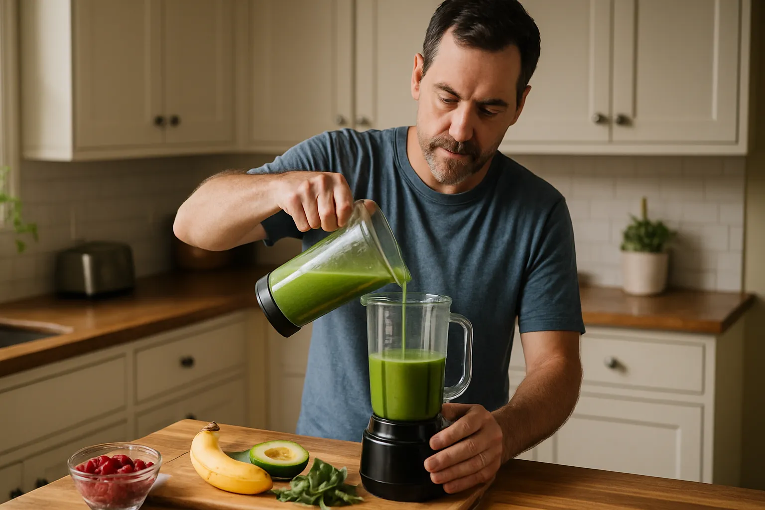 Pessoa organizando suplementos de berberina e outros produtos naturais em uma cozinha bem iluminada, demonstrando cuidado com a saúde metabólica