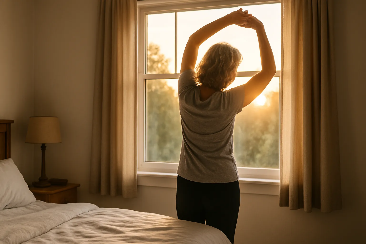 Pessoa de 60 anos fazendo exercícios matinais com energia e vitalidade em casa, demonstrando os benefícios da mitofagia para energia celular