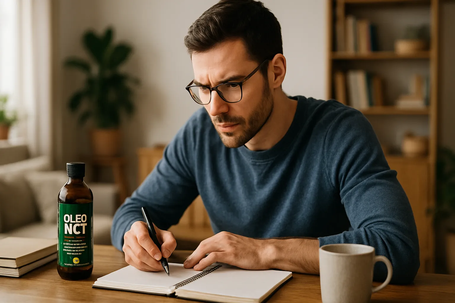 Pessoa concentrada trabalhando em casa com energia mental renovada após consumir óleo MCT