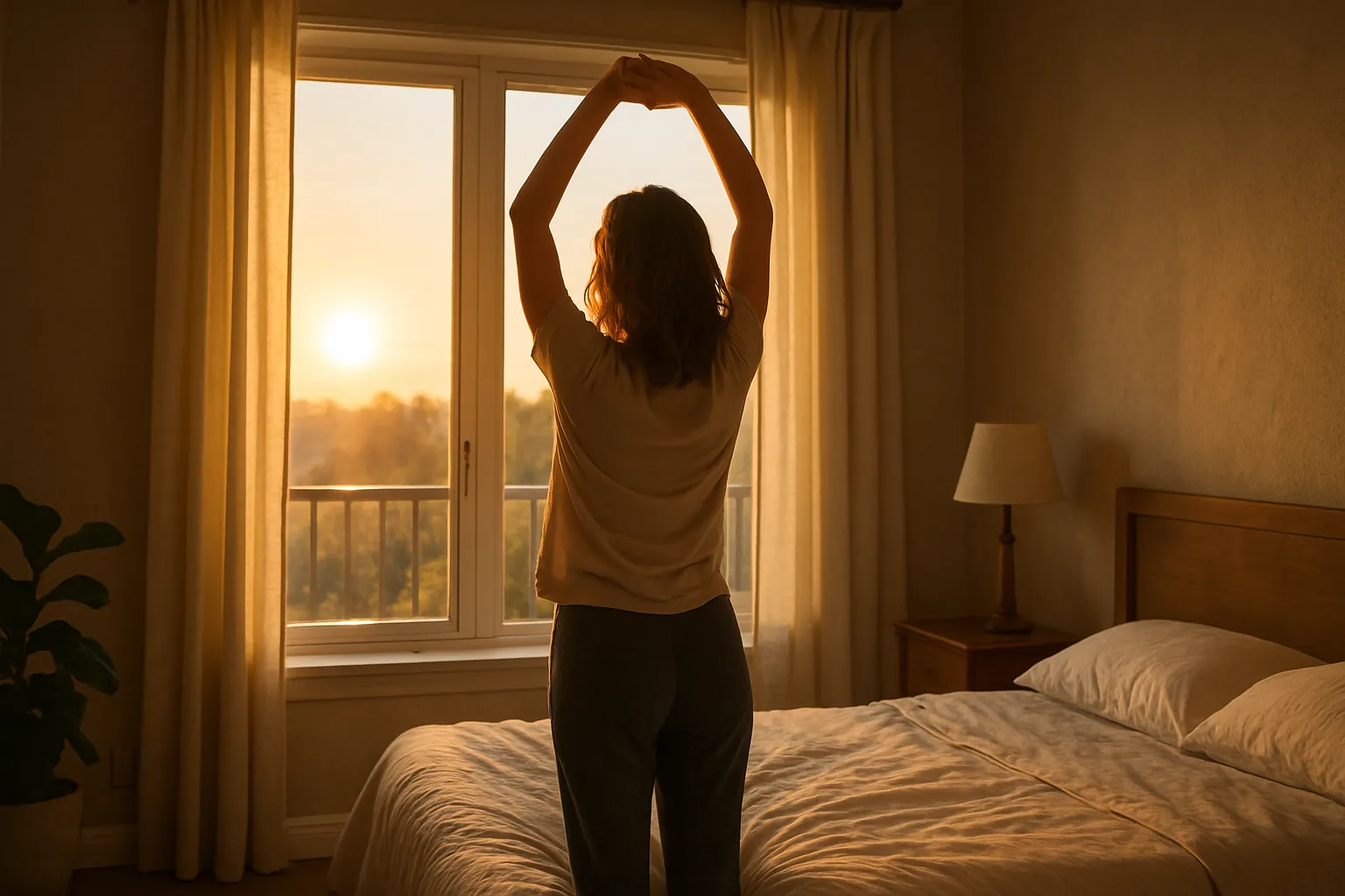 Pessoa fazendo alongamentos matinais ao lado da janela com luz do nascer do sol, demonstrando energia e vitalidade