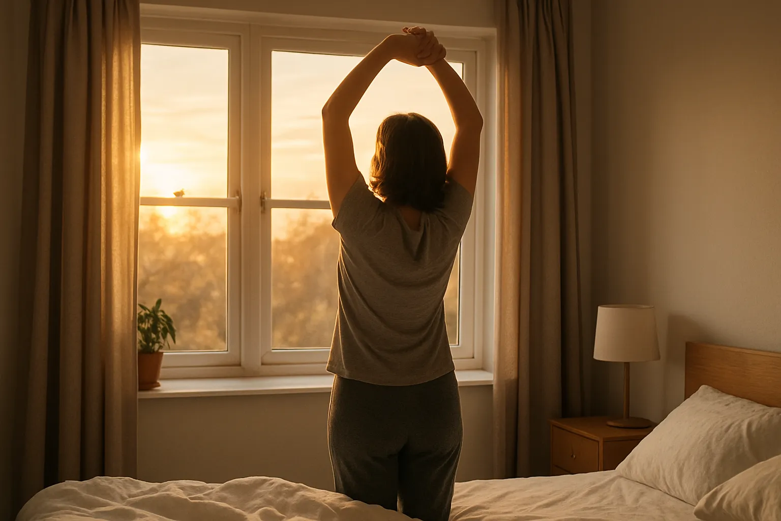 Pessoa madura praticando exercícios de alongamento matinal em casa, demonstrando vitalidade e energia renovada através do cuidado com a longevidade saudável