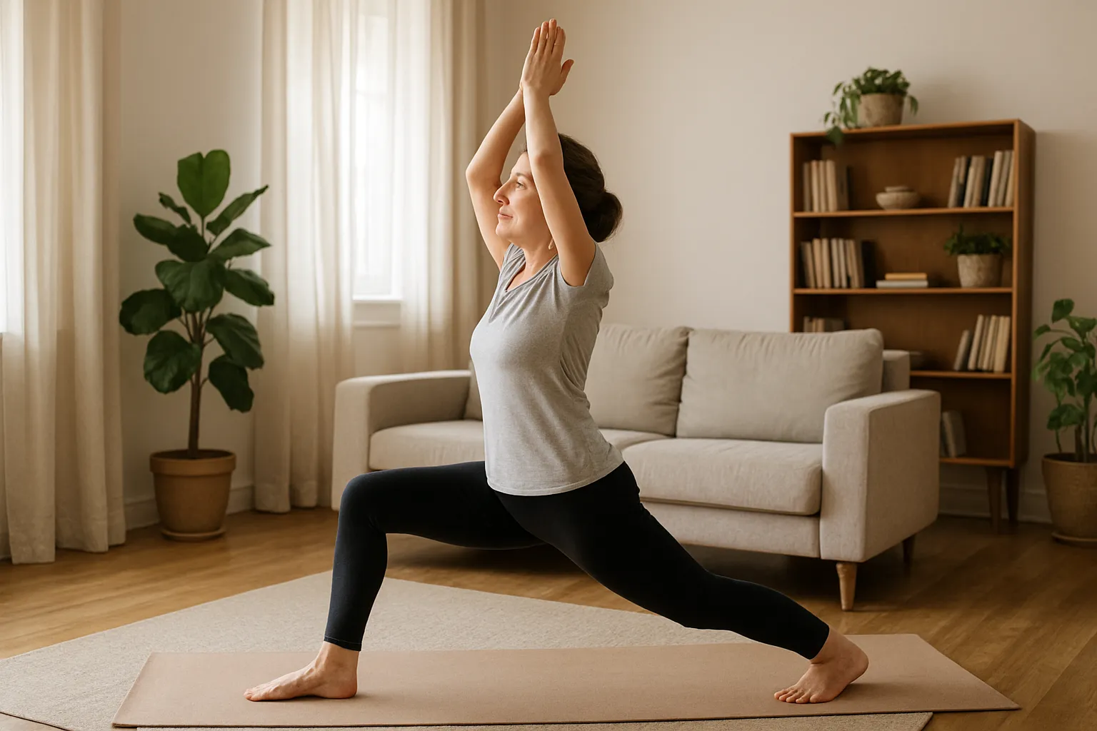 Mulher de 40 anos fazendo exercícios de força com halteres em ambiente doméstico bem iluminado