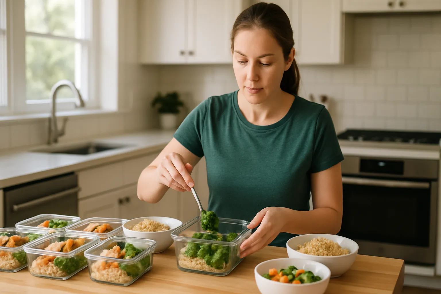 Pessoa preparando refeição saudável em cozinha iluminada, demonstrando controle alimentar após tratamento com liraglutida