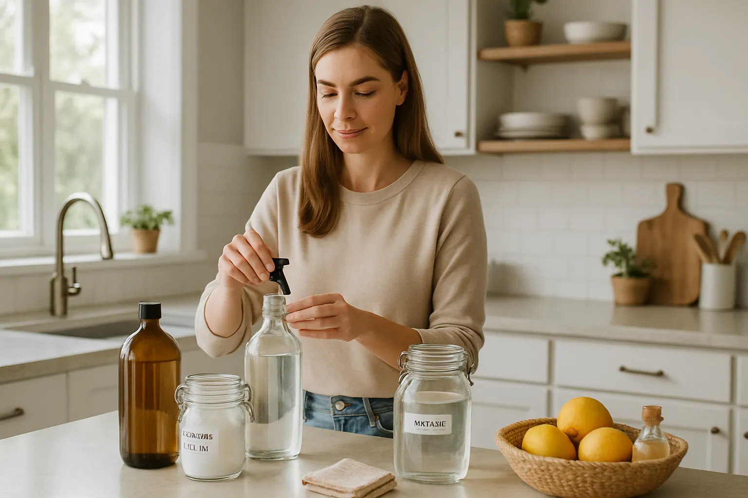 Pessoa organizando produtos de limpeza naturais e recipientes de vidro em casa, demonstrando como proteger a saúde hormonal dos disruptores endócrinos