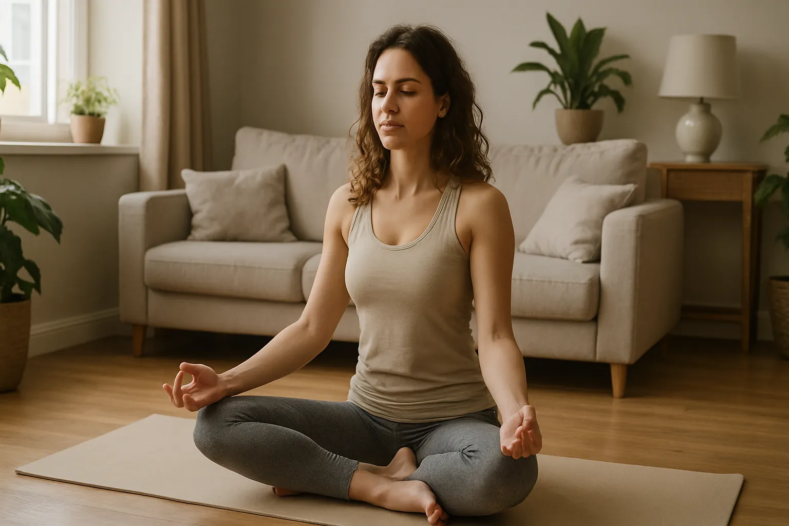 Mulher praticando yoga matinal na sala de estar para equilíbrio hormonal e bem-estar mental
