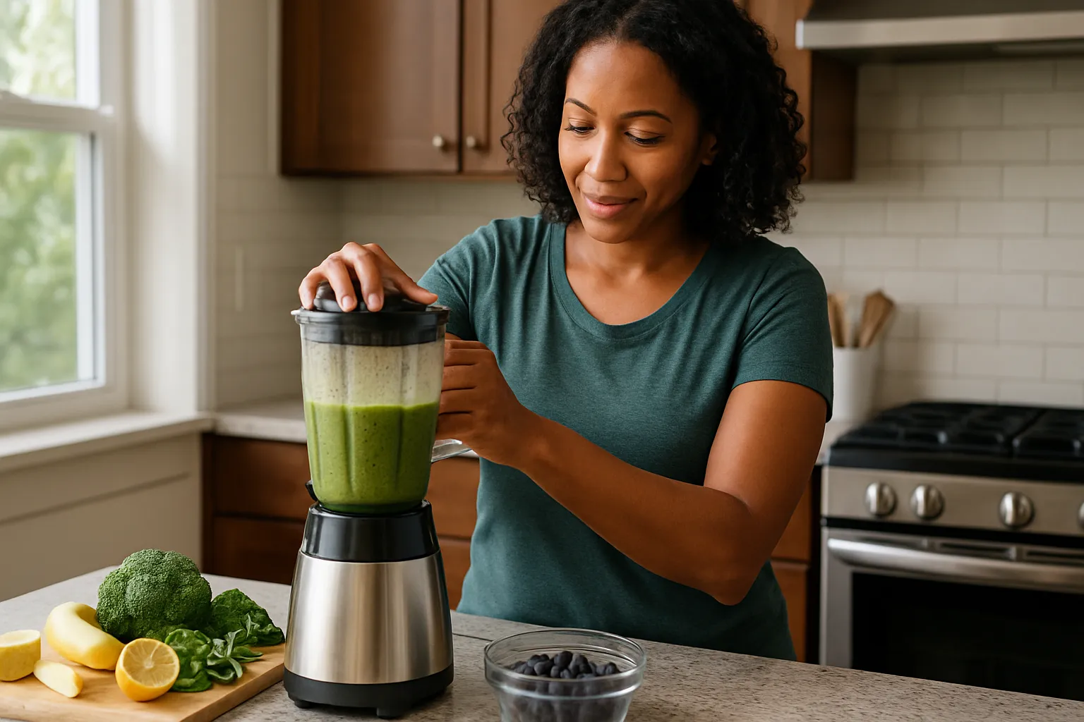 Pessoa preparando smoothie nutritivo em cozinha doméstica para ativar sirtuínas e promover longevidade