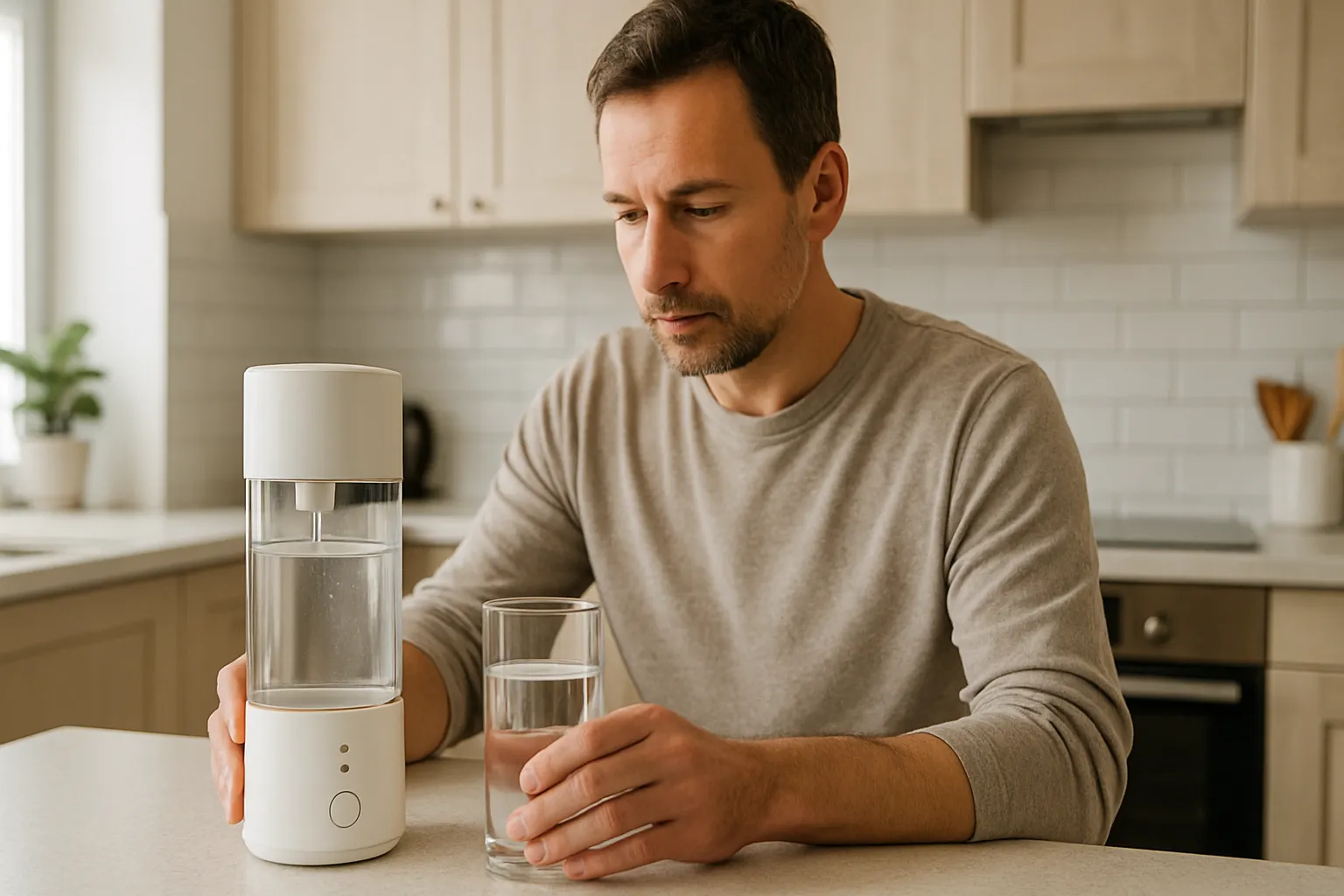 Pessoa preparando água hidrogenada com dispositivo doméstico em cozinha moderna, demonstrando a incorporação da tecnologia antioxidante na rotina diária