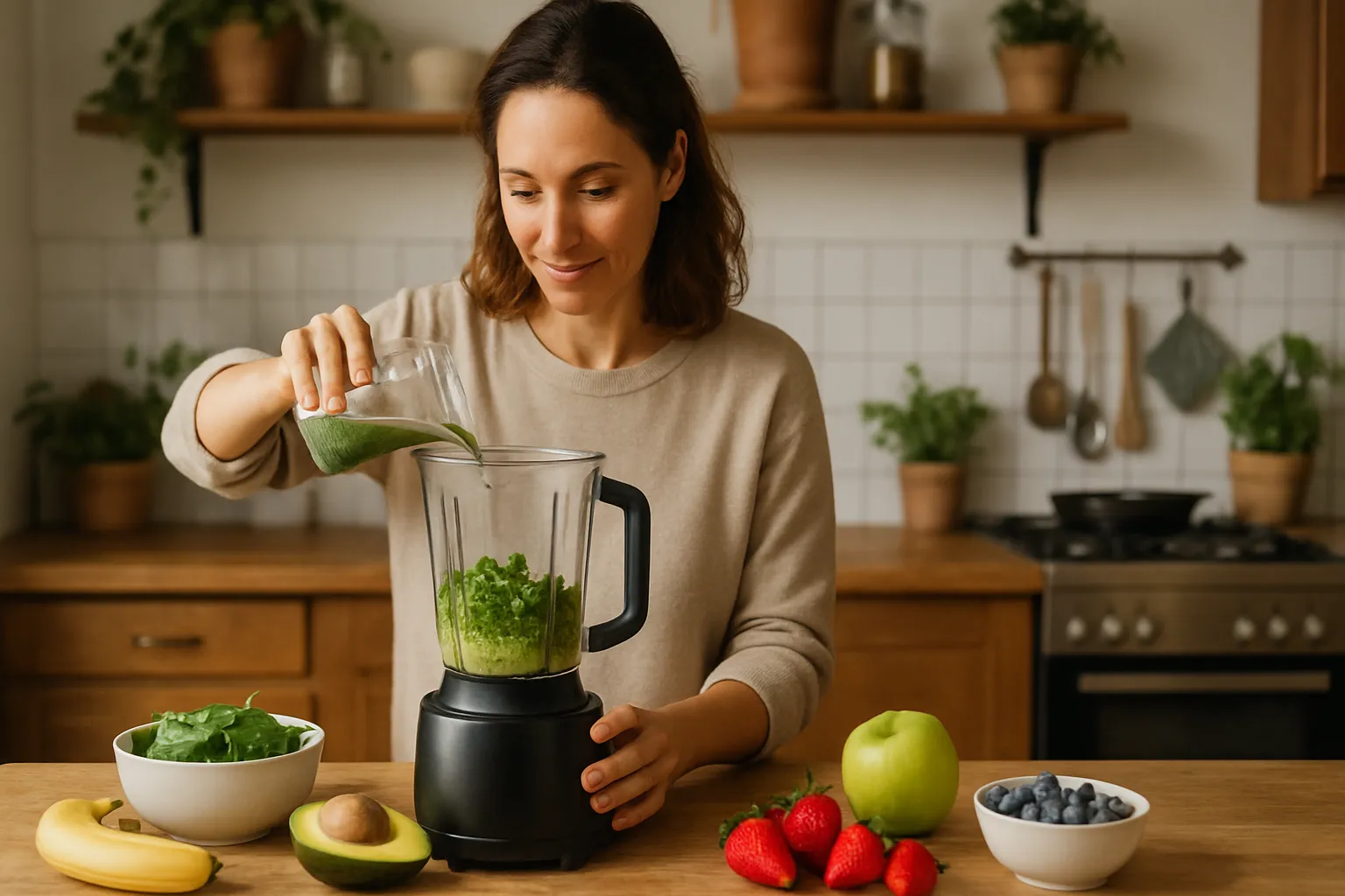 Pessoa preparando refeição saudável com alimentos ricos em espermidina como germe de trigo, cogumelos e queijos envelhecidos em cozinha bem iluminada