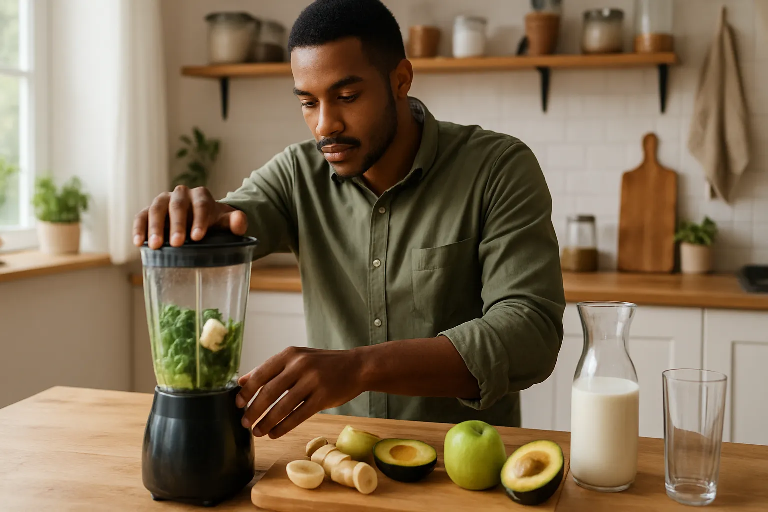 Pessoa preparando refeição saudável com alimentos ricos em potássio como banana, abacate e vegetais verdes em cozinha bem iluminada