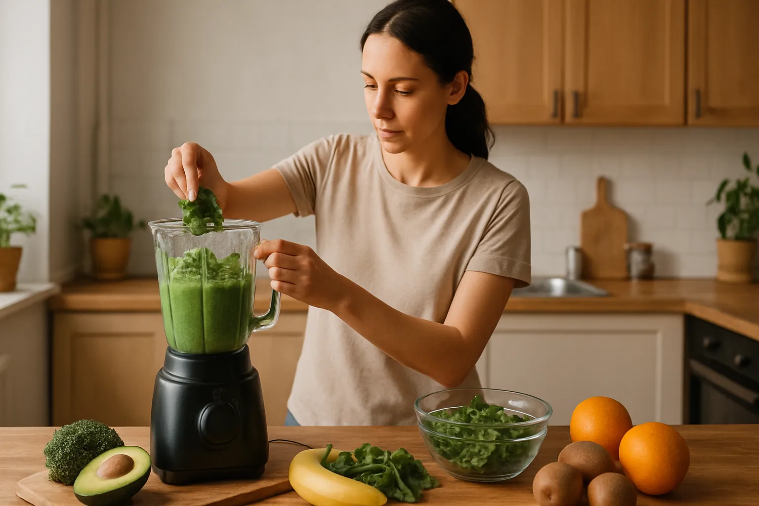 Pessoa preparando uma refeição saudável com vegetais coloridos e ingredientes anti-glicação em uma cozinha bem iluminada, demonstrando cuidados nutricionais para prevenir o envelhecimento da pele