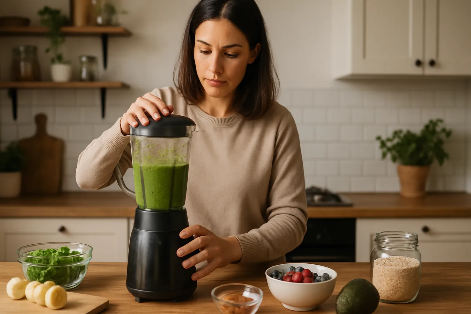 Pessoa preparando uma refeição saudável com vegetais fermentados e alimentos anti-inflamatórios em uma cozinha bem iluminada, focando na regeneração intestinal