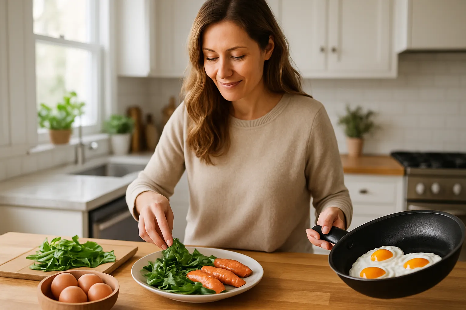 Pessoa preparando ovos e salmão em cozinha doméstica, alimentos ricos em colina para saúde do fígado e memória