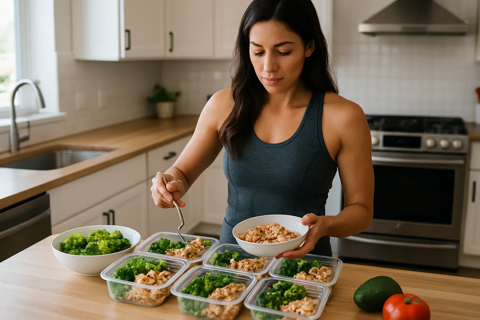 Pessoa preparando porções saudáveis de alimentos em cozinha iluminada para apoiar o emagrecimento através da microbiota intestinal