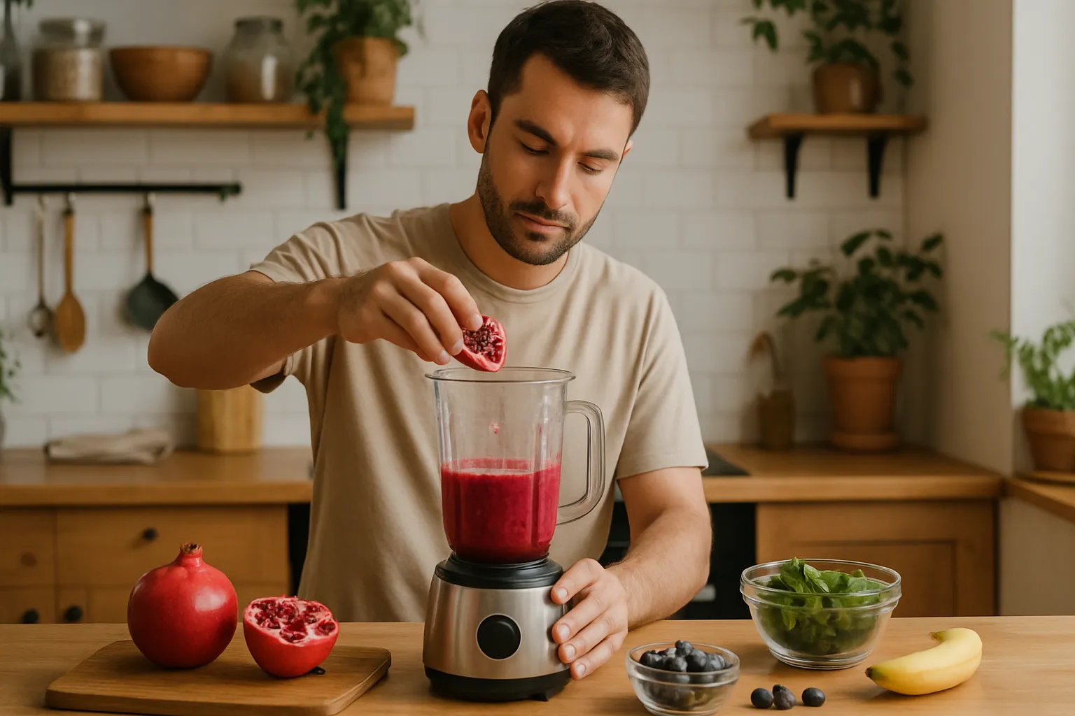Pessoa preparando suco de romã fresco em cozinha iluminada, demonstrando aplicação prática da urolitina A para rejuvenescimento celular