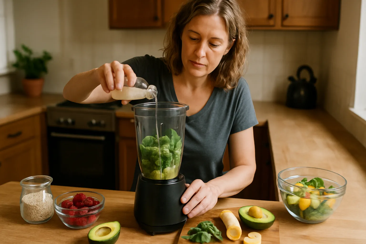 Pessoa organizando suplementos de taurina e vitaminas em cozinha bem iluminada, demonstrando cuidado com longevidade e saúde cardiovascular